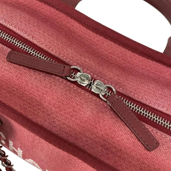 Auth CHANEL Deauville Bowling Bag - Bordeaux Canvas Raffia Grossgrain Calf Skin - Picture 12 of 16